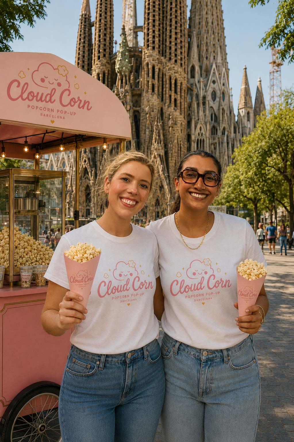 Kristen y Assumpta sonriendo con cucuruchos de palomitas junto al carrito rosa de Cloud Corn delante de la Sagrada Família de Barcelona